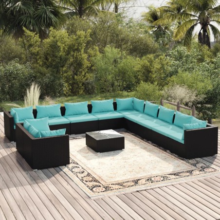 vidaXL Set de sofás de jardín 12 pzas cojines ratán sintético negro
