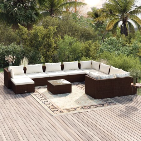 vidaXL Set muebles de jardín 11 pzas y cojines ratán sintético marrón