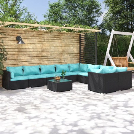 vidaXL Set de muebles de jardín 10 pzas cojines ratán sintético negro