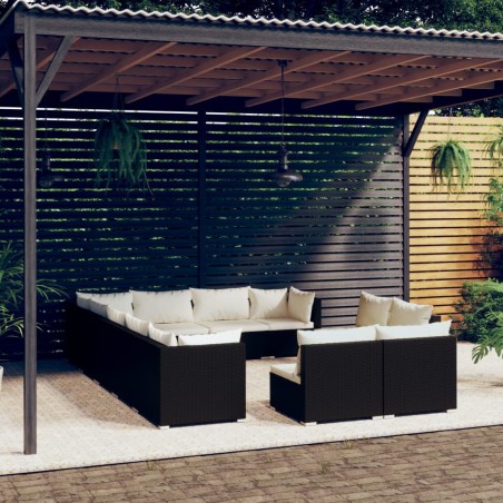 vidaXL Set de muebles de jardín 12 pzas cojines ratán sintético negro