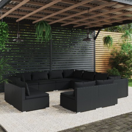 vidaXL Set de muebles de jardín 11 pzas cojines ratán sintético negro