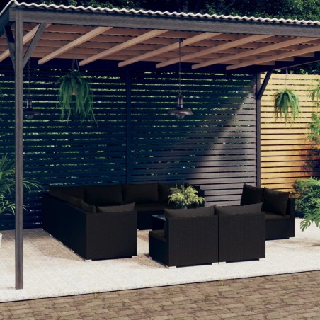 vidaXL Set de muebles de jardín 12 pzas cojines ratán sintético negro