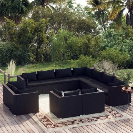 vidaXL Set de muebles de jardín 11 pzas cojines ratán sintético negro