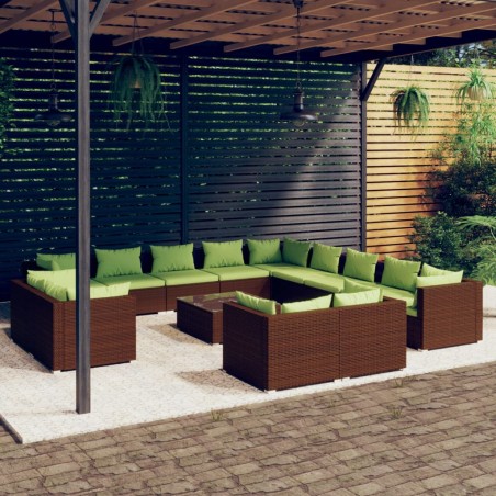 vidaXL Set muebles de jardín 14 piezas cojines ratán sintético marrón