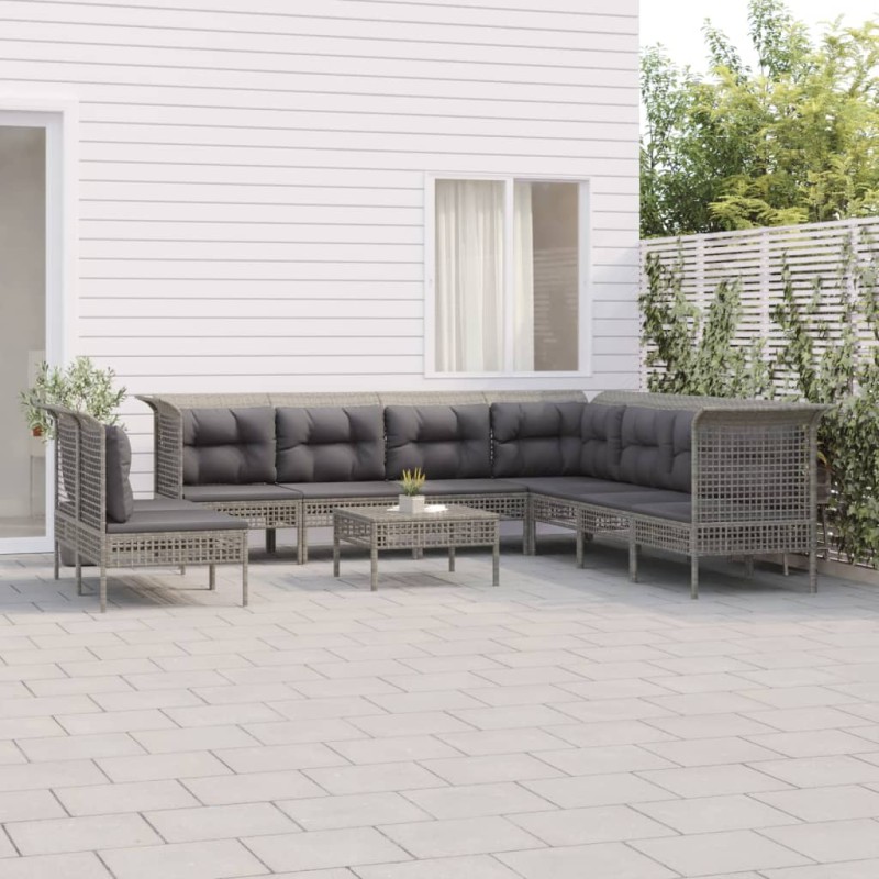 vidaXL Set de muebles de jardín 11 pzas y cojines ratán sintético gris vidaXL Set de muebles de jardín 11 pzas y cojines ratán sintético gris