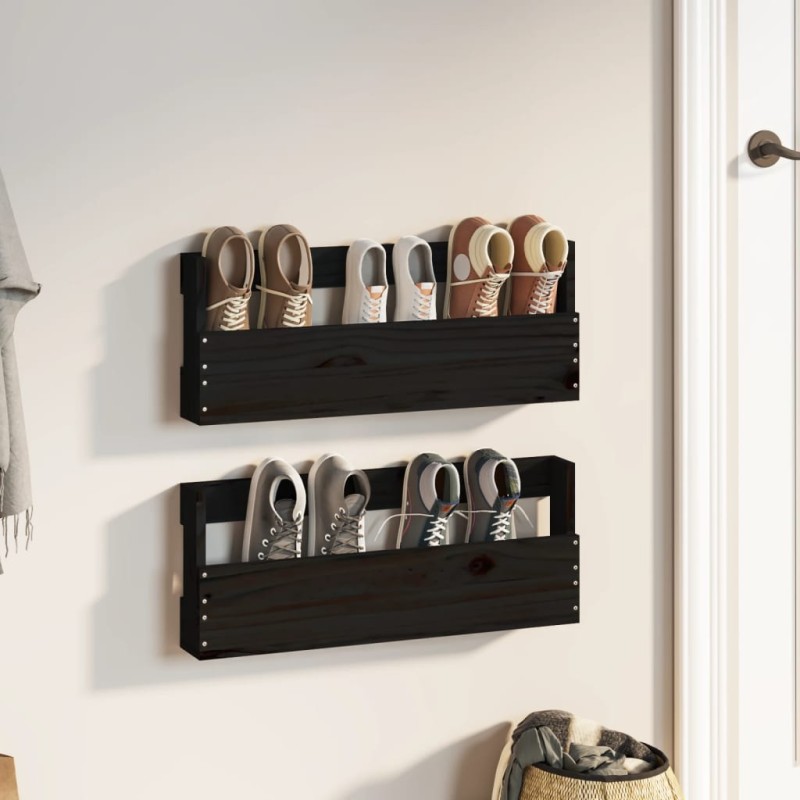 vidaXL Estantes zapatos de pared 2 uds madera de pino negro 59x9x23 cm vidaXL Estantes zapatos de pared 2 uds madera de pino negro 59x9x23 cm