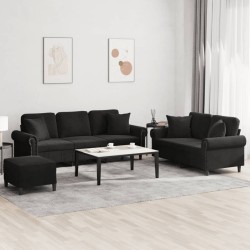 vidaXL Juego de sofás con cojines 3 piezas terciopelo negro