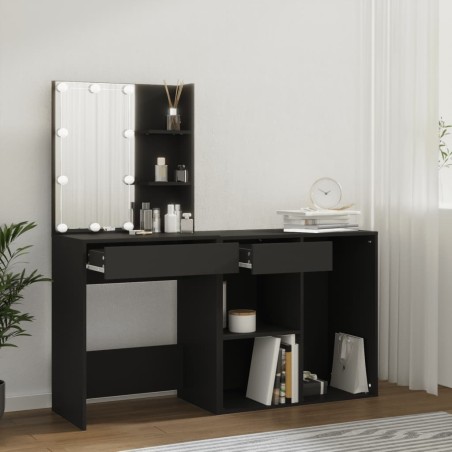 vidaXL Tocador con LED y armario madera contrachapada negro