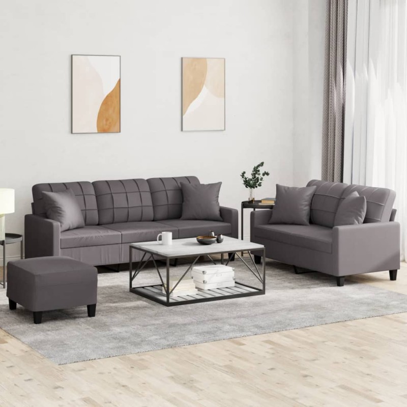 vidaXL Juego de sofás con cojines 3 piezas cuero sintético gris vidaXL Juego de sofás con cojines 3 piezas cuero sintético gris