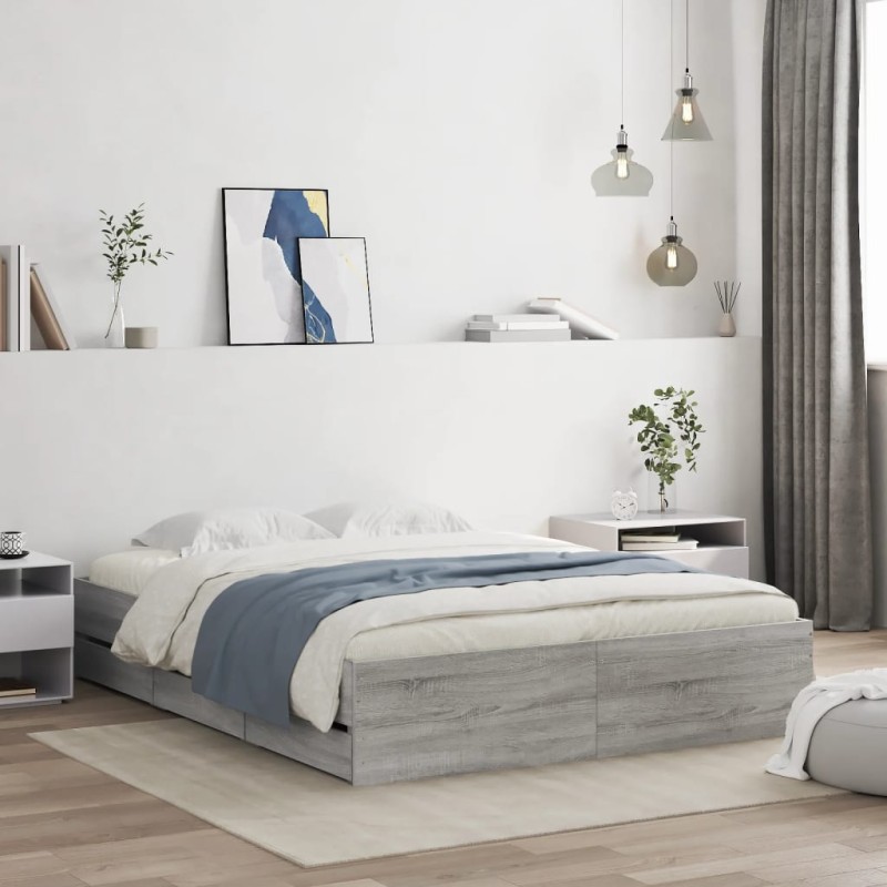 vidaXL Cama con cajones madera ingeniería gris Sonoma 140x200 cm vidaXL Cama con cajones madera ingeniería gris Sonoma 140x200 cm