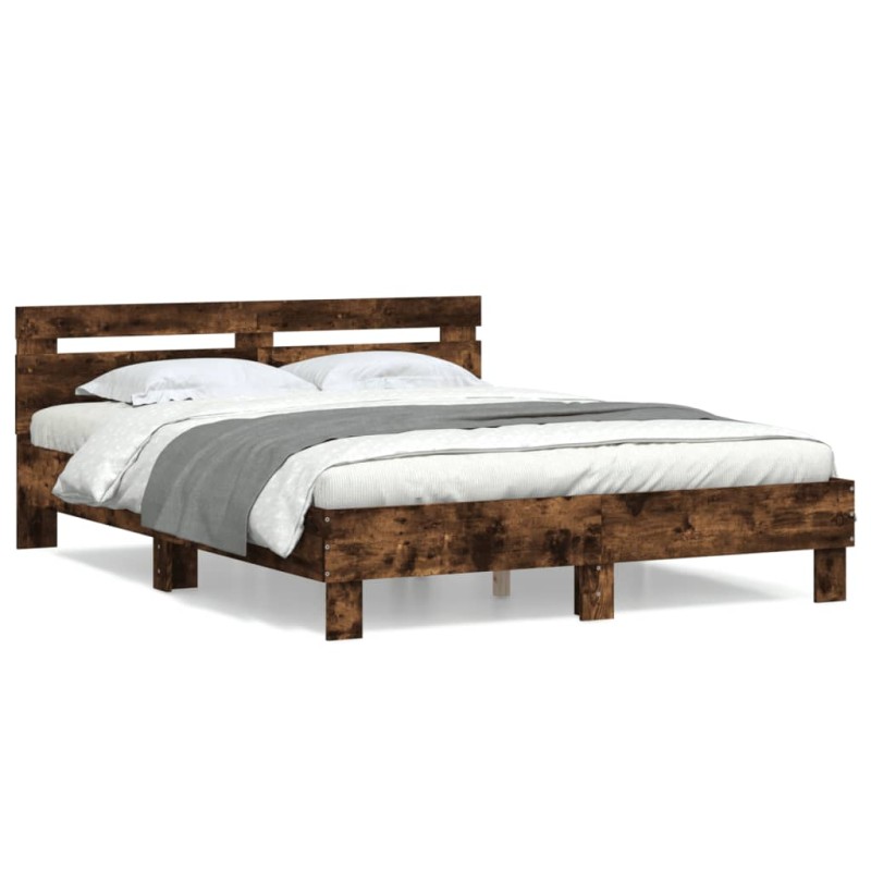 vidaXL Cama con cabecero madera de ingeniería roble ahumado 140x200 cm vidaXL Cama con cabecero madera de ingeniería roble ahumado 140x200 cm