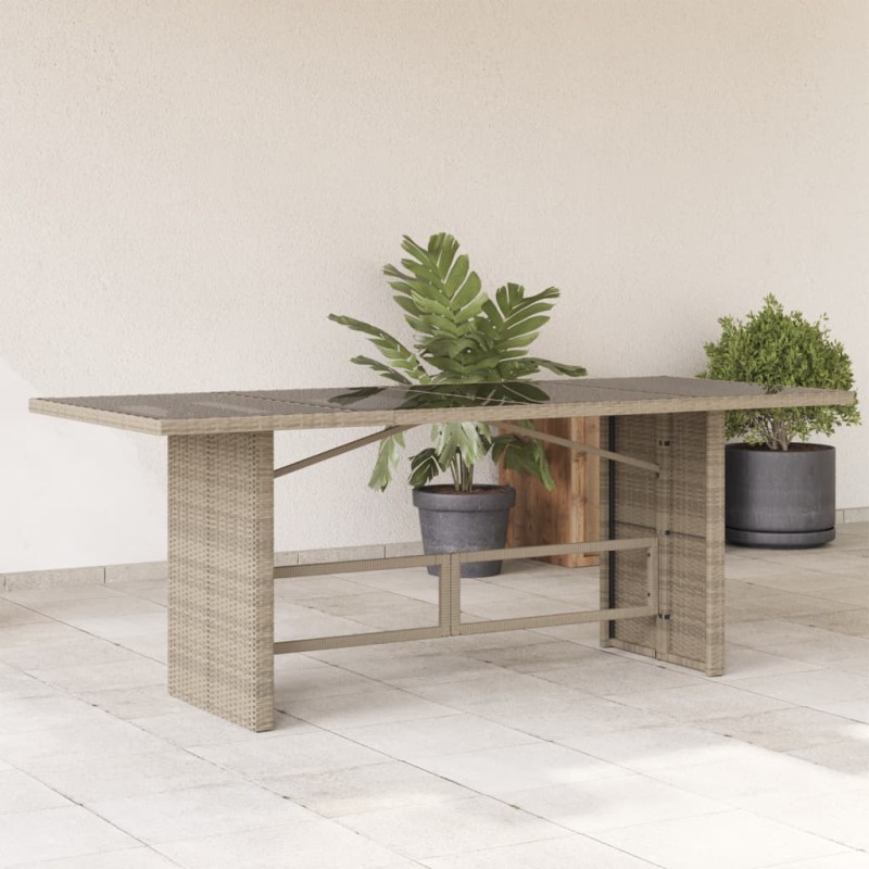 vidaXL Mesa jardín superficie vidrio ratán PE gris claro 190x80x74 cm vidaXL Mesa jardín superficie vidrio ratán PE gris claro 190x80x74 cm