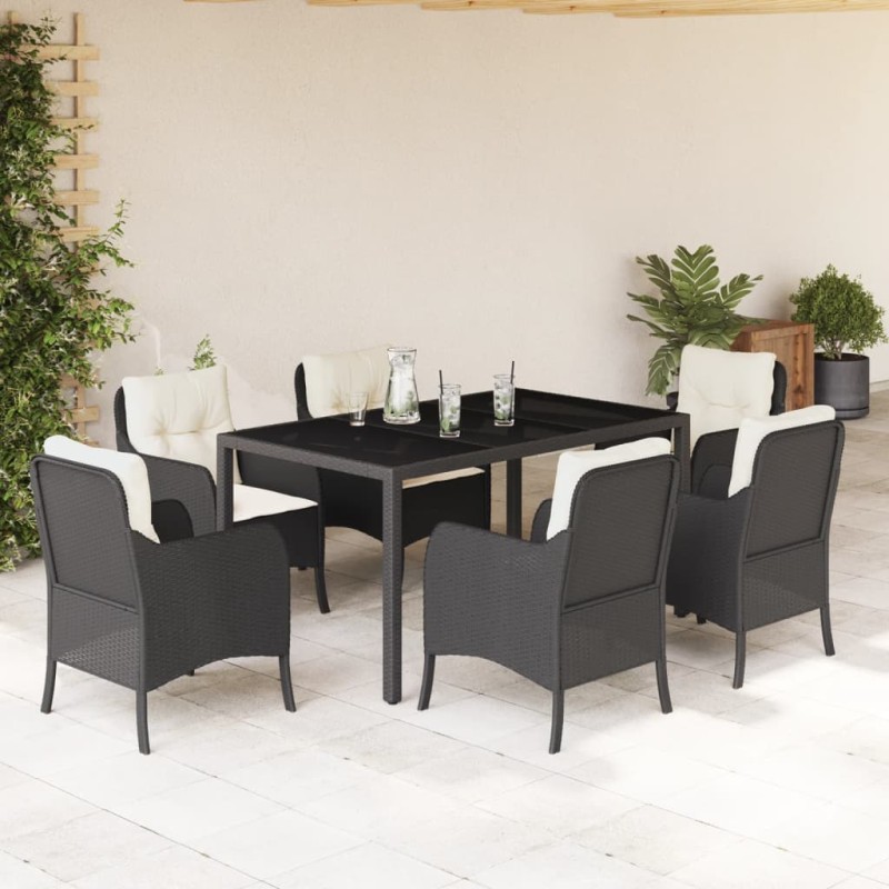 vidaXL Set de comedor de jardín 7 pzas y cojines ratán sintético negro vidaXL Set de comedor de jardín 7 pzas y cojines ratán sintético negro