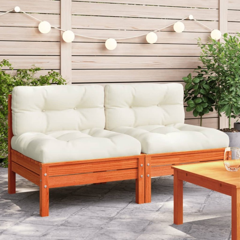 vidaXL Sofás jardín cojines sin reposabrazos 2 uds madera marrón cera vidaXL Sofás jardín cojines sin reposabrazos 2 uds madera marrón cera