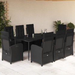 vidaXL Set de comedor de jardín 9 pzas y cojines ratán sintético negro