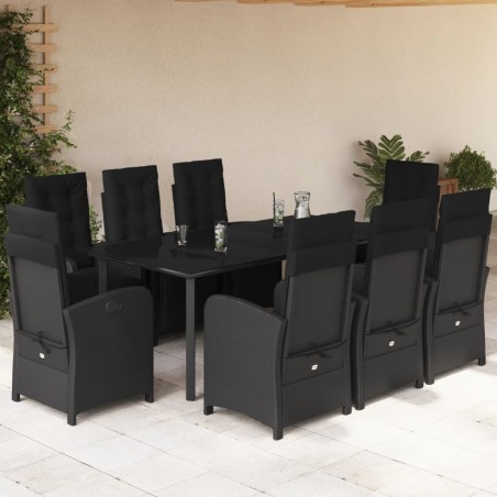 vidaXL Set de comedor de jardín 9 pzas y cojines ratán sintético negro