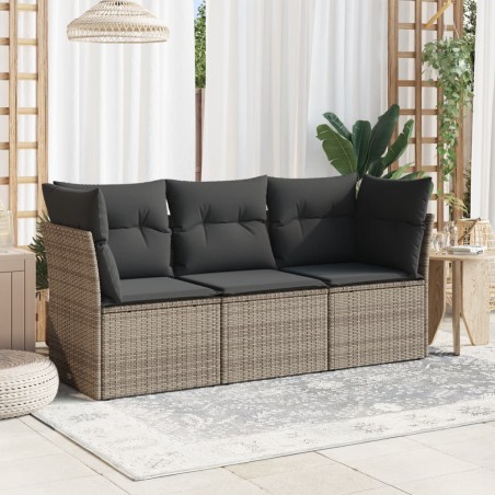 vidaXL Set de sofá de jardín 3 pzas y cojines ratán sintético gris