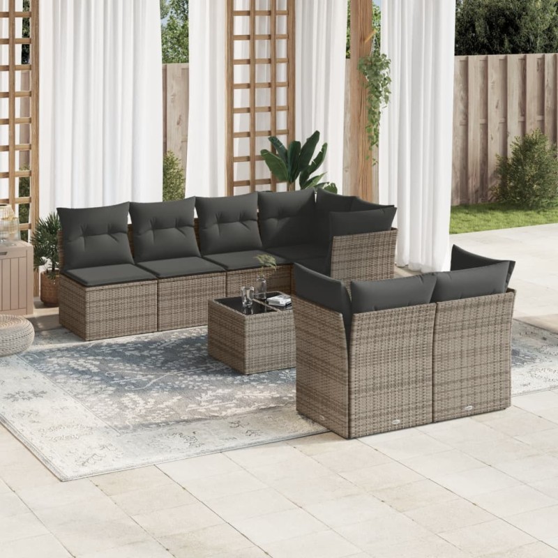 vidaXL Set de sofás de jardín 8 pzas y cojines ratán sintético gris vidaXL Set de sofás de jardín 8 pzas y cojines ratán sintético gris
