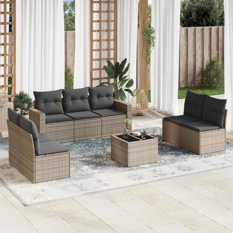 vidaXL Set de sofás de jardín 8 pzas y cojines ratán sintético gris vidaXL Set de sofás de jardín 8 pzas y cojines ratán sintético gris