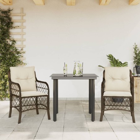 vidaXL Sillas y mesita de jardín con cojines 3 piezas ratán PE marrón