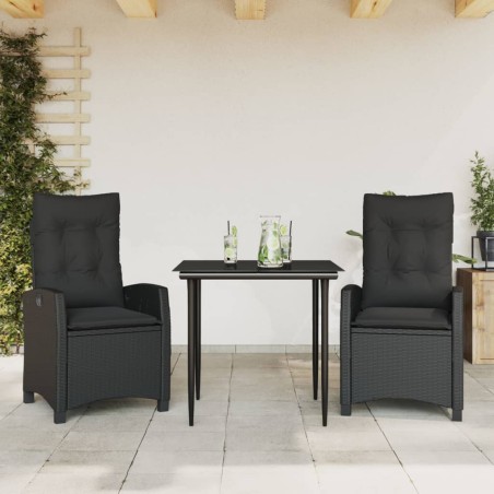 vidaXL Set comedor de jardín 3 pzas con cojines ratán sintético negro