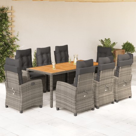 vidaXL Set comedor jardín 9 pzas y cojines ratán sintético gris