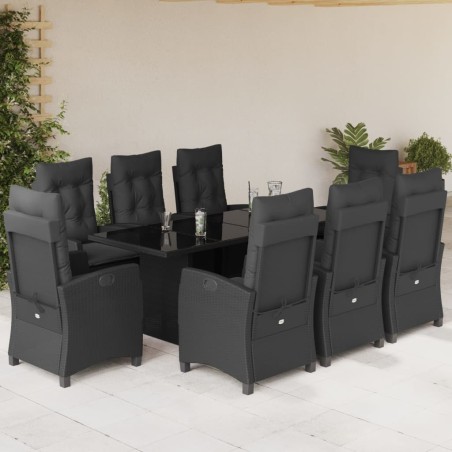 vidaXL Set de comedor de jardín 9 pzas y cojines ratán sintético negro