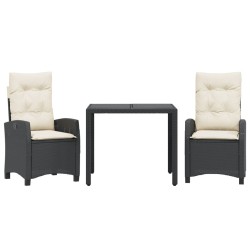 vidaXL Set comedor de jardín 3 pzas con cojines ratán sintético negro