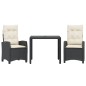 vidaXL Set comedor de jardín 3 pzas con cojines ratán sintético negro