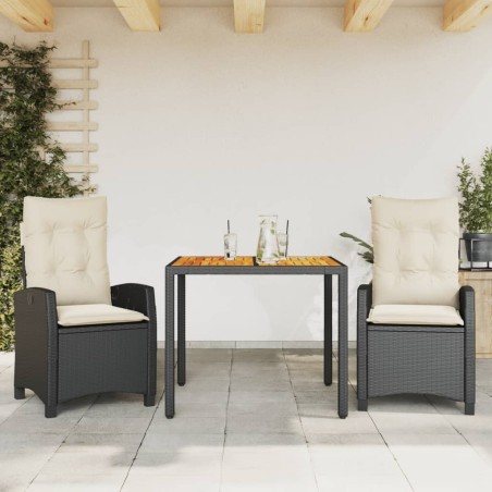 vidaXL Set comedor de jardín 3 pzas con cojines ratán sintético negro