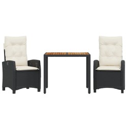 vidaXL Set comedor de jardín 3 pzas con cojines ratán sintético negro
