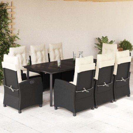 vidaXL Set de comedor de jardín 9 pzas y cojines ratán sintético negro