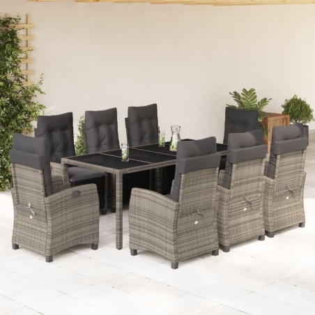 vidaXL Set comedor jardín 9 pzas y cojines ratán sintético gris