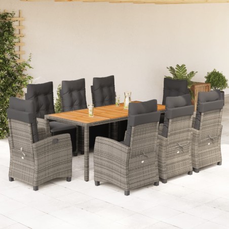 vidaXL Set comedor jardín 9 pzas y cojines ratán sintético gris