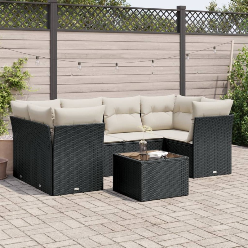 vidaXL Set de comedor de jardín 7 pzas y cojines ratán sintético negro vidaXL Set de comedor de jardín 7 pzas y cojines ratán sintético negro
