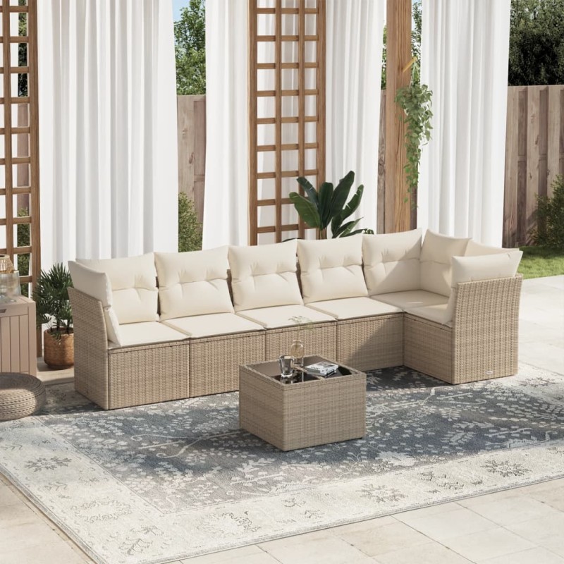 vidaXL Set sofás de jardín 7 piezas y cojines ratán sintético beige vidaXL Set sofás de jardín 7 piezas y cojines ratán sintético beige