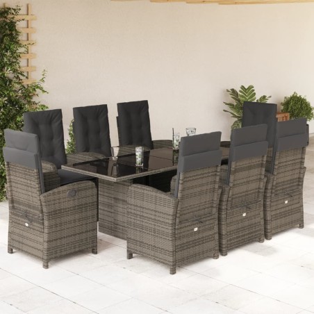 vidaXL Set comedor jardín 9 pzas y cojines ratán sintético gris