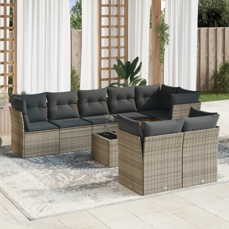 vidaXL Set de muebles de jardín 9 pzas y cojines ratán sintético gris vidaXL Set de muebles de jardín 9 pzas y cojines ratán sintético gris