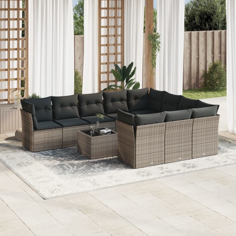 vidaXL Set de sofás de jardín 11 pzas y cojines ratán sintético gris vidaXL Set de sofás de jardín 11 pzas y cojines ratán sintético gris