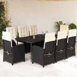 vidaXL Set de comedor de jardín 9 pzas y cojines ratán sintético negro