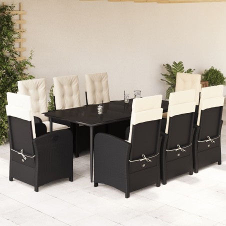 vidaXL Set de comedor de jardín 9 pzas y cojines ratán sintético negro