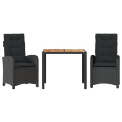 vidaXL Set comedor de jardín 3 pzas con cojines ratán sintético negro