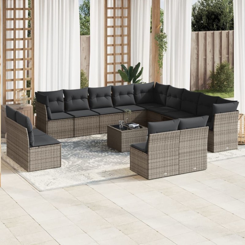 vidaXL Set de sofás de jardín 14 pzas con cojines ratán sintético gris vidaXL Set de sofás de jardín 14 pzas con cojines ratán sintético gris