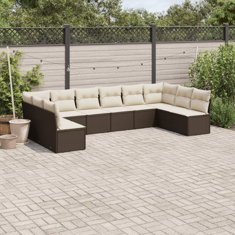 vidaXL Set de sofás de jardín 10 pzas y cojines ratán sintético marrón vidaXL Set de sofás de jardín 10 pzas y cojines ratán sintético marrón
