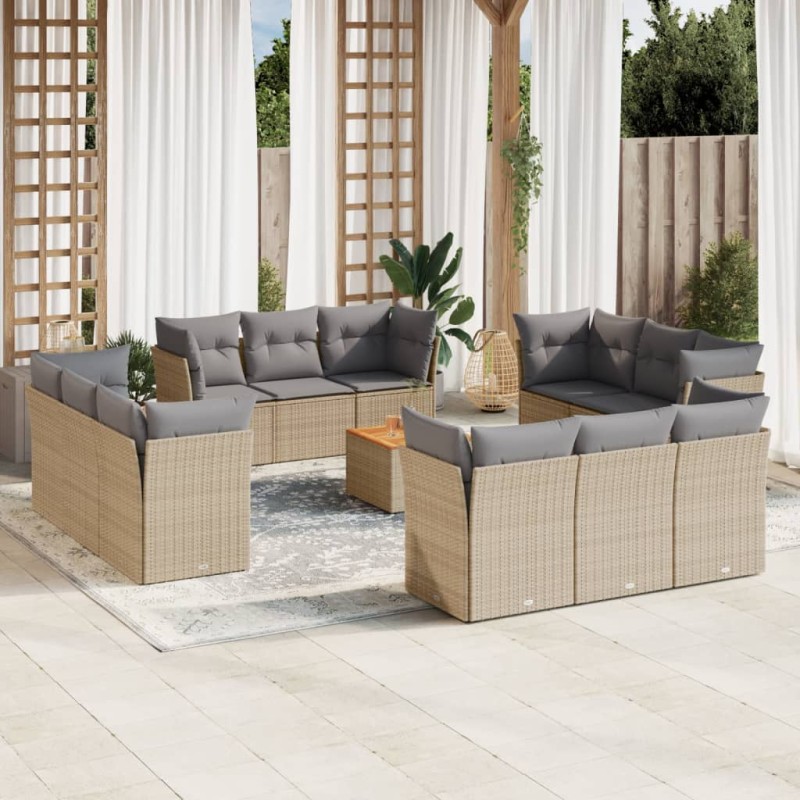 vidaXL Set sofás de jardín con cojines 13 pzas ratán sintético beige