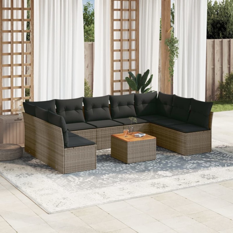 vidaXL Set de sofás de jardín 10 pzas con cojines ratán sintético gris vidaXL Set de sofás de jardín 10 pzas con cojines ratán sintético gris