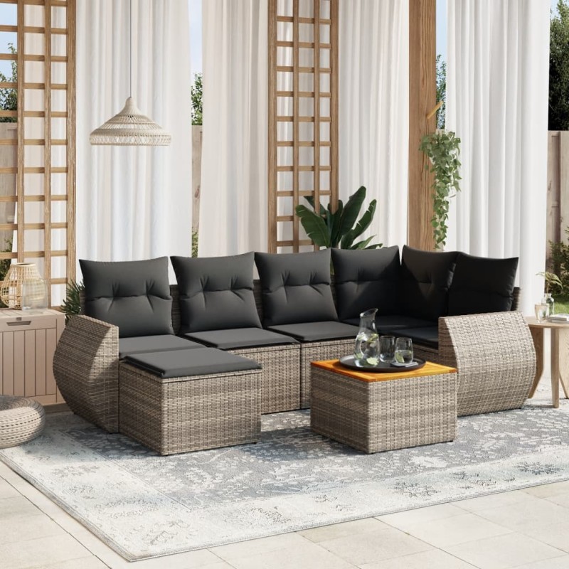 vidaXL Set de sofás de jardín 7 piezas con cojines ratán PE gris vidaXL Set de sofás de jardín 7 piezas con cojines ratán PE gris