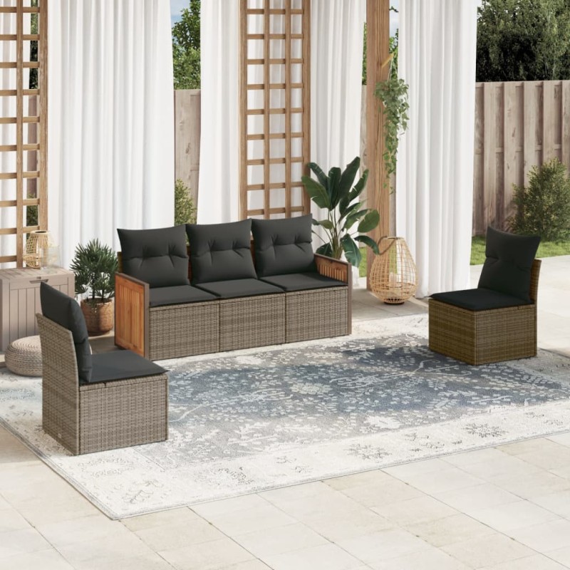 vidaXL Juego de sofás jardín con cojines 5 pzas ratán sintético gris vidaXL Juego de sofás jardín con cojines 5 pzas ratán sintético gris