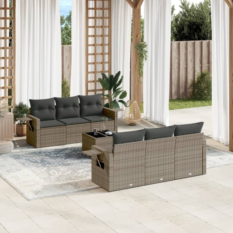 vidaXL Set de sofás de jardín 7 piezas con cojines ratán PE gris vidaXL Set de sofás de jardín 7 piezas con cojines ratán PE gris