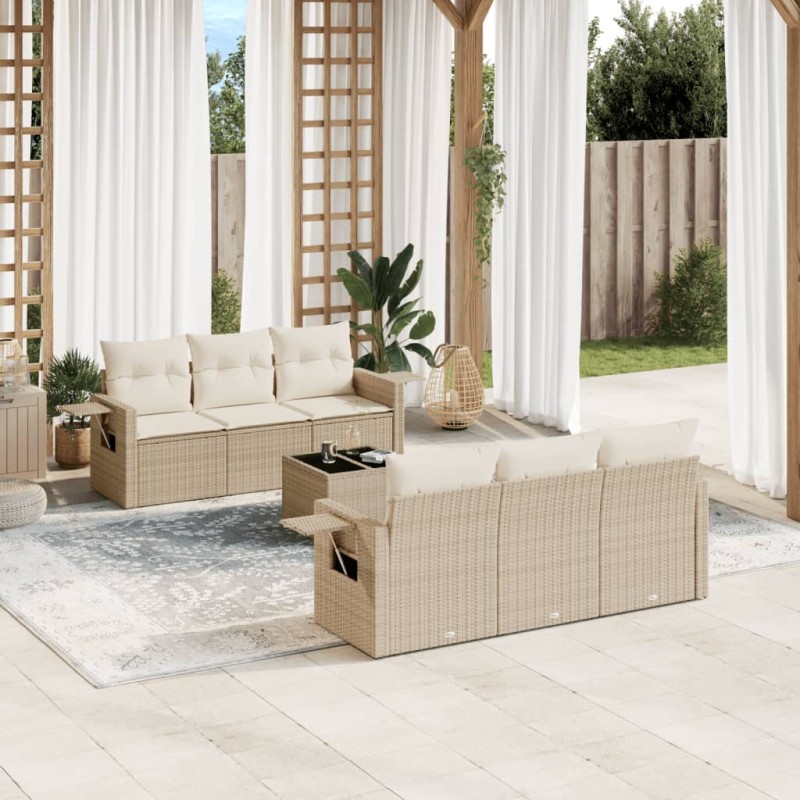 vidaXL Set sofás de jardín 7 piezas y cojines ratán sintético beige vidaXL Set sofás de jardín 7 piezas y cojines ratán sintético beige